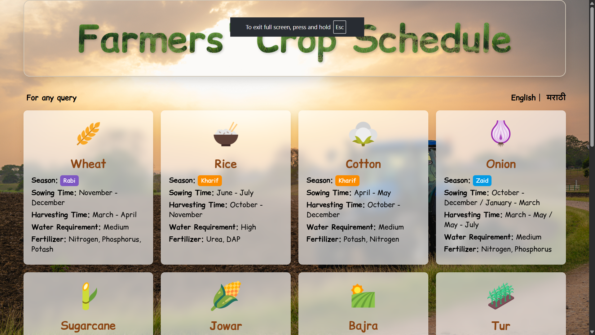 Farmers' Crop Schedule